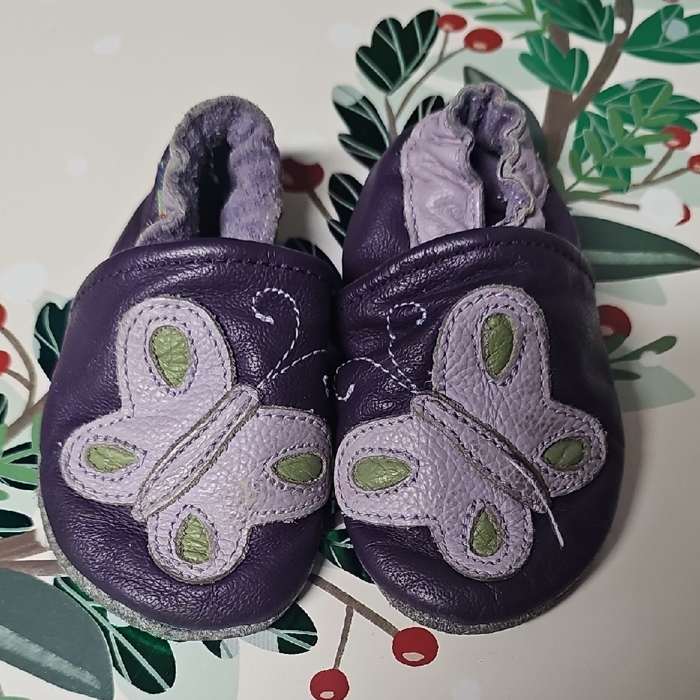 Kids Purple Butterfly Leather Slip-On Shoes